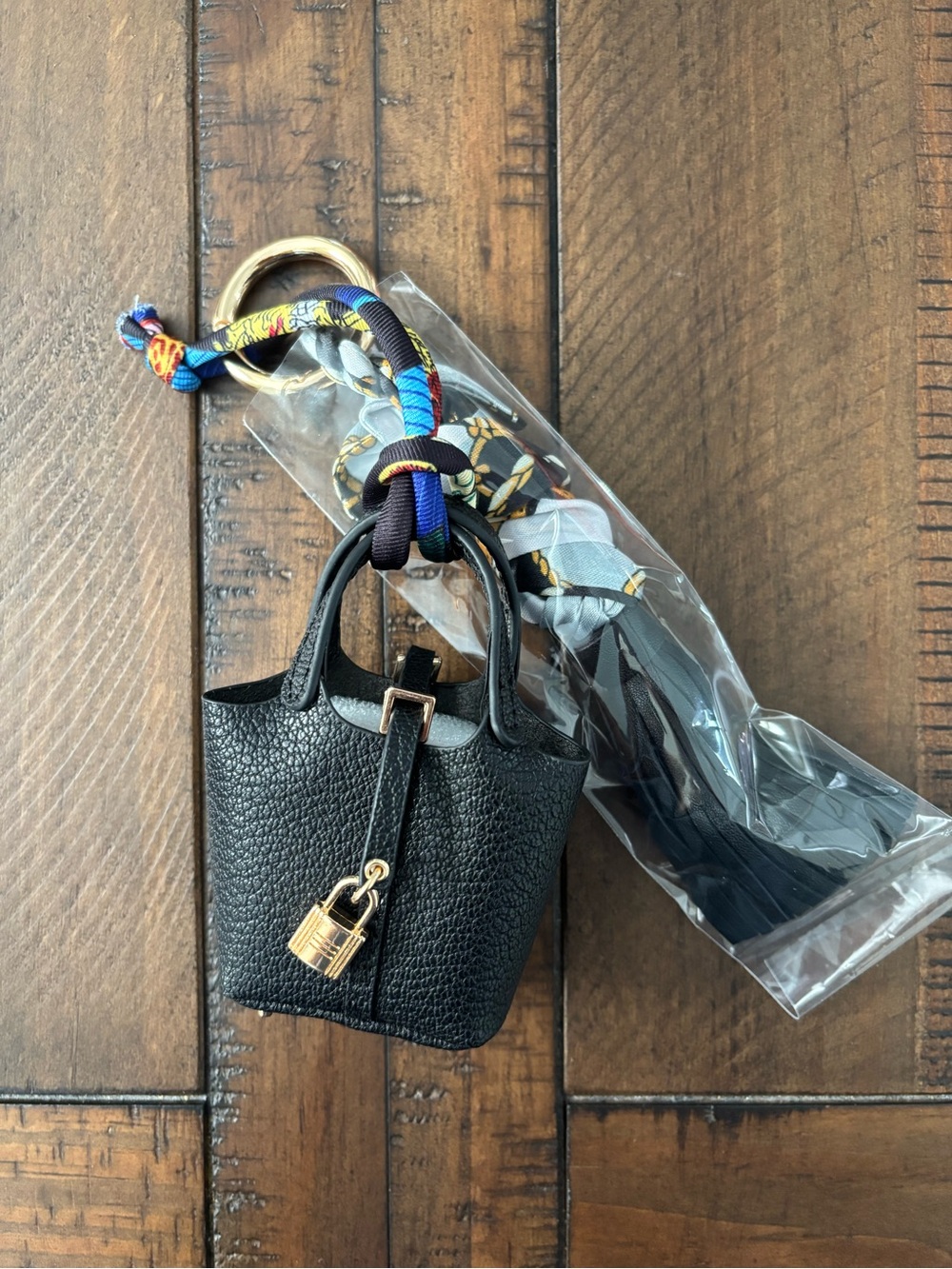 Mini Handbag Keychain Charm with Twilly Scarf & Tassel – Black